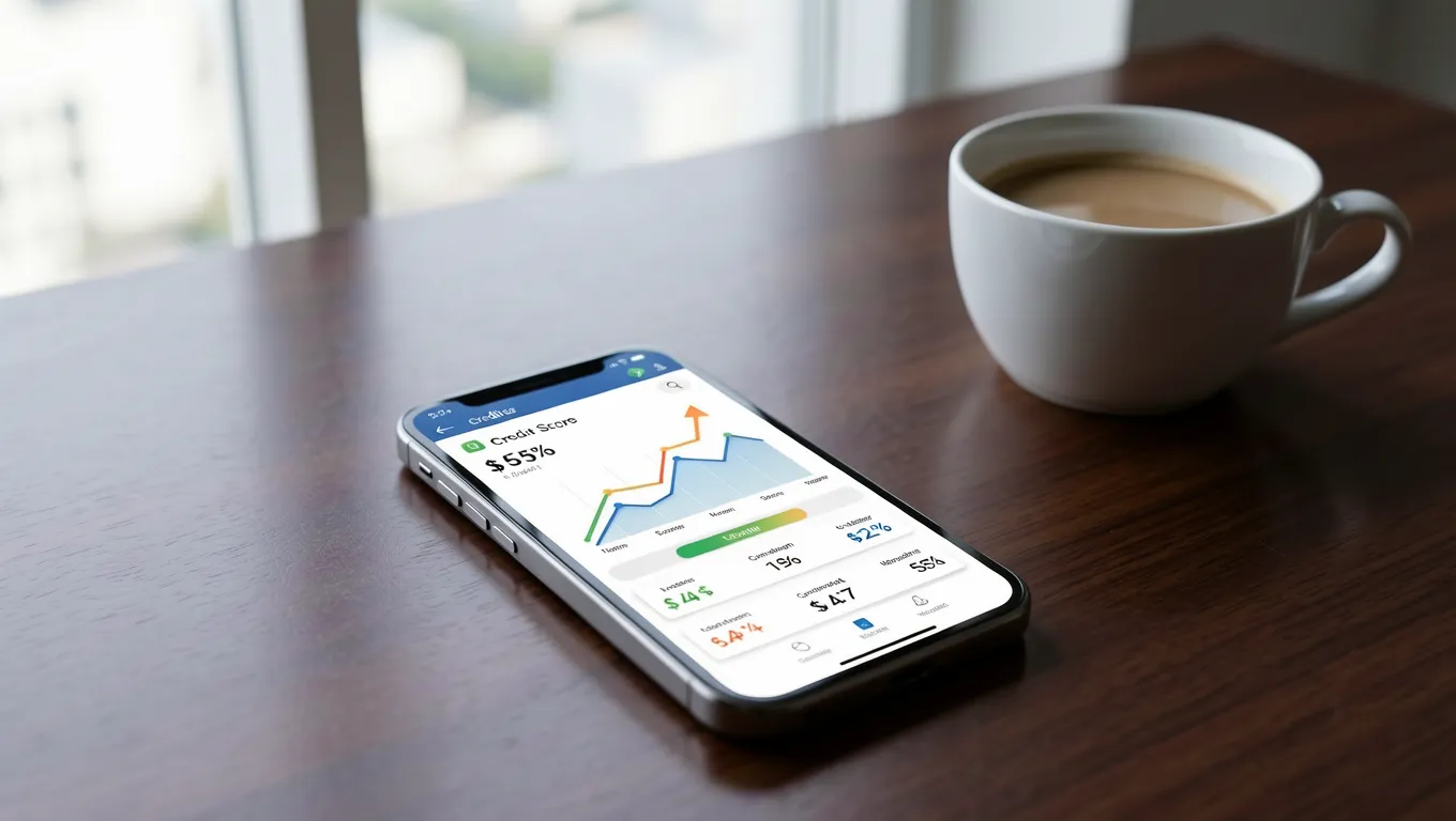 A mobile phone showing a rising credit score on a desk.