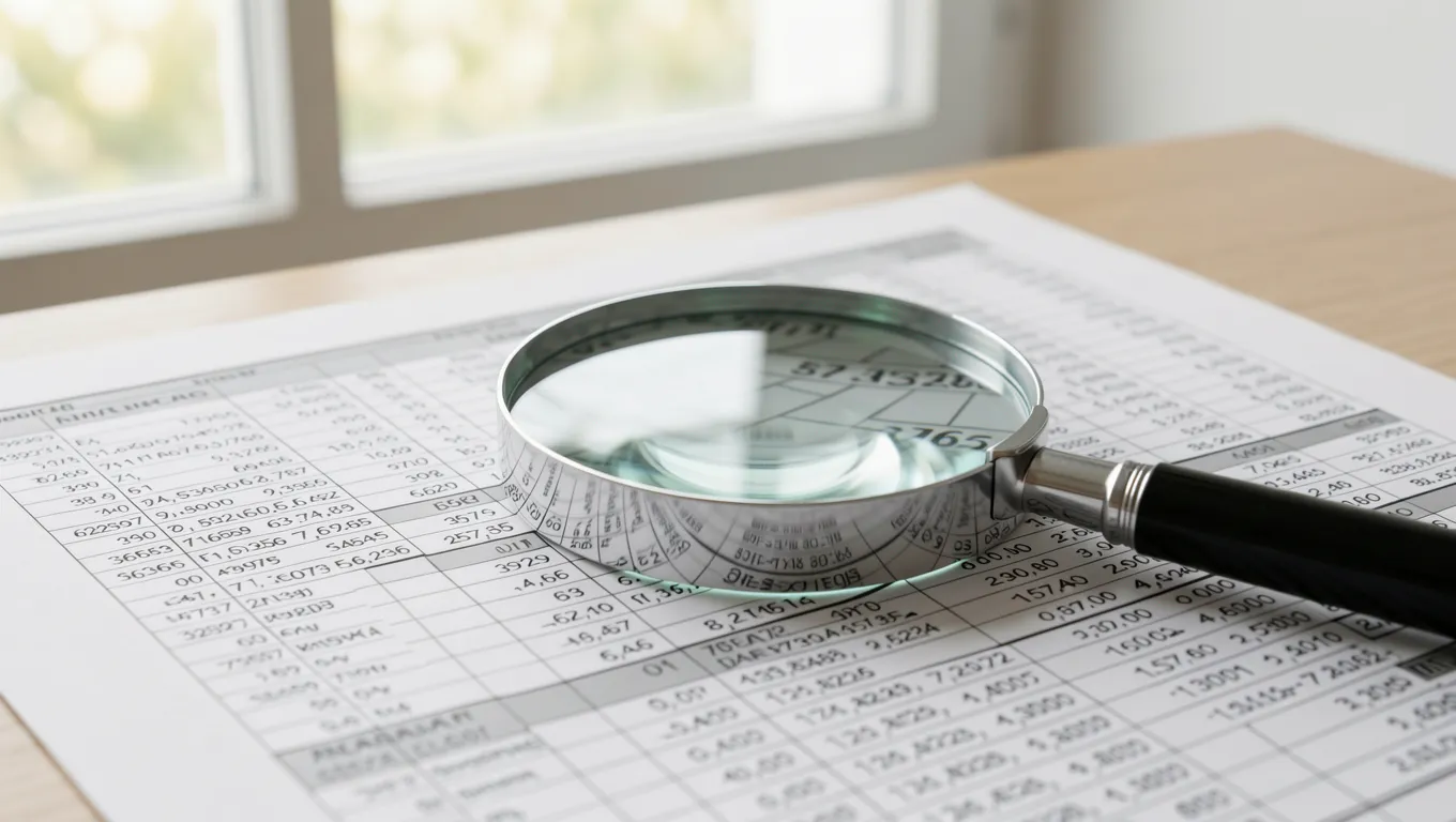 Close up of a credit report with a magnifying glass showing financial details