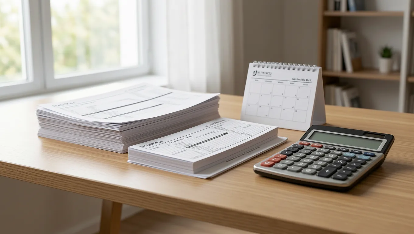 Organized freelance invoices and a calendar showing income gaps