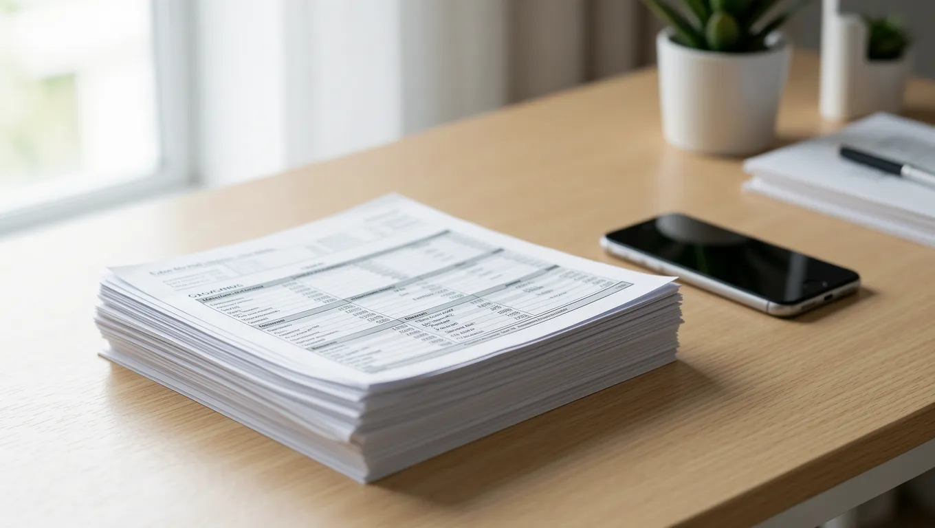 Neatly organized financial documents on a modern wooden desk