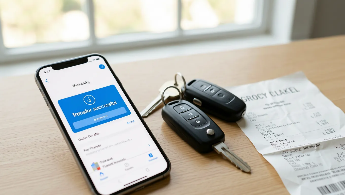 Smartphone showing a successful bank transfer near car keys