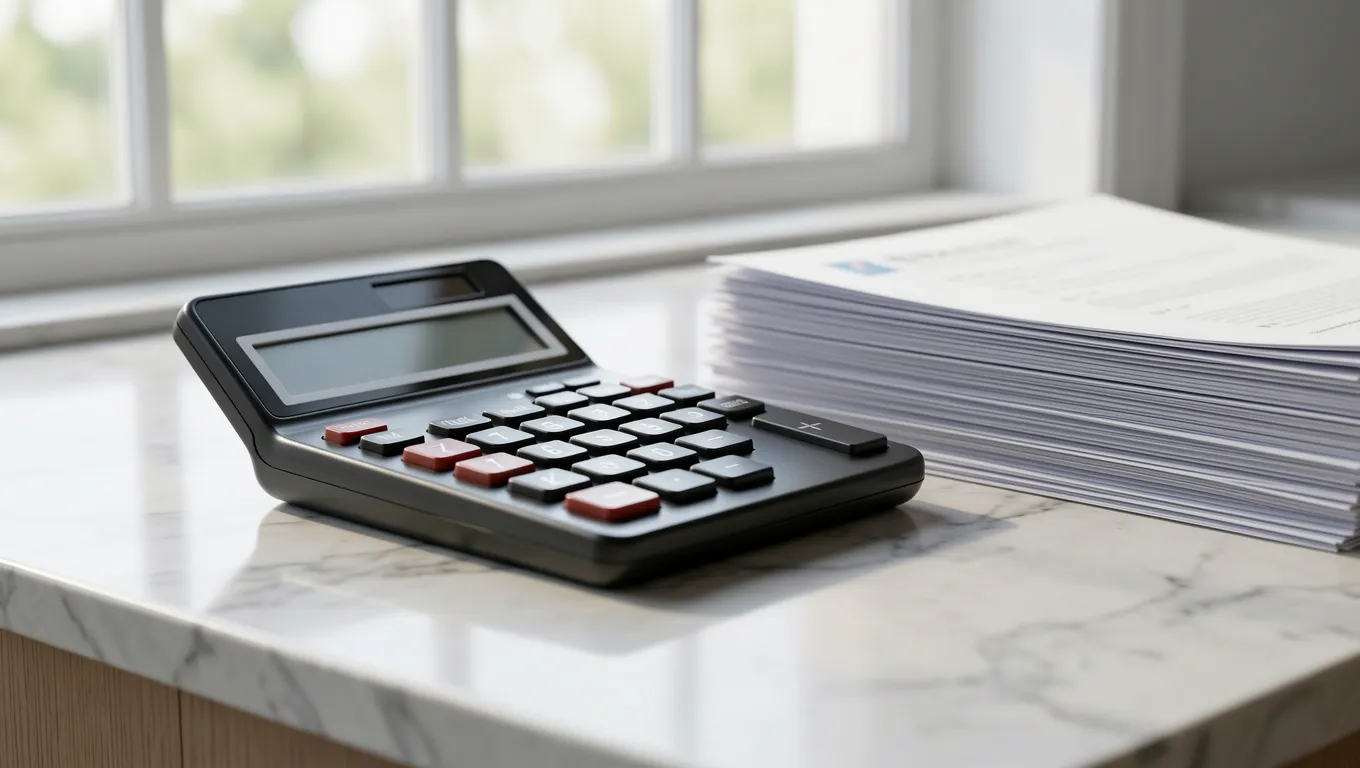 An analog calculator and financial documents on a marble surface