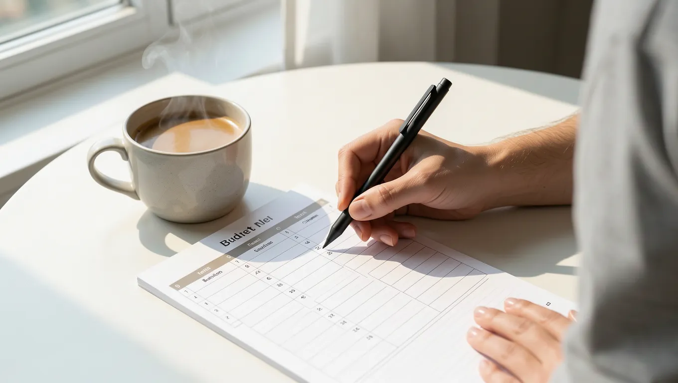 Person marking a budget planner with a stylus and coffee