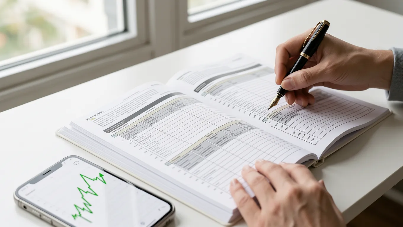 Person writing in a financial planner with a growth graph