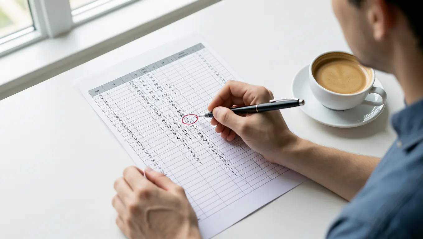 Hands calculating monthly budget on a paper spreadsheet