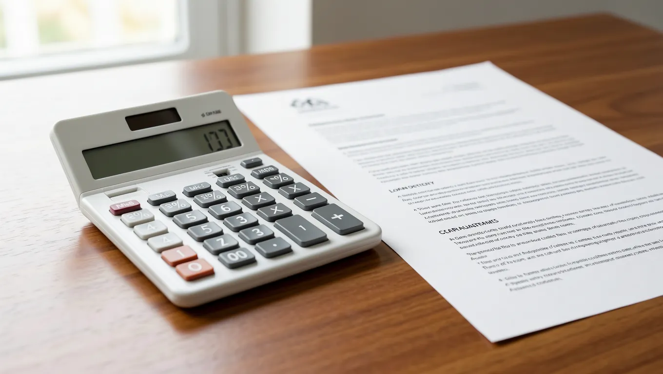 A close-up view of financial documents and a calculator used for calculating personal loan interest rates.