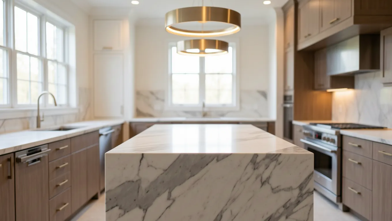 A luxury kitchen remodel being installed featuring marble countertops for a personal loans for home improvement project.